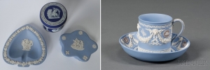 Collection of Wedgwood white on blue jasper and three colour cup and saucer 1870 - courtesy Skinner Inc